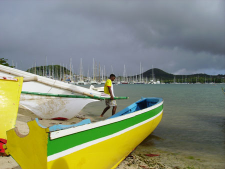 Pr�paration de la yole en baie du Marin