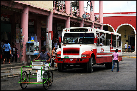 Bus rouge sur murs roses