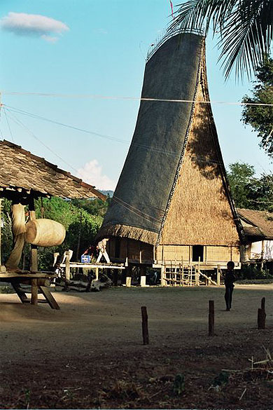 Village Bahnar et sa  maison " Rong "