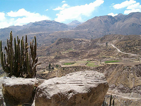 Pierre taill�e pr�-Inca repr�sentant des terrasses - Ca�on de Colca